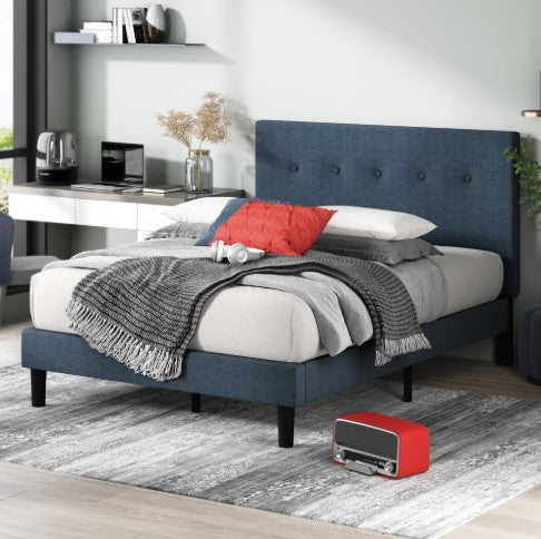 Zinus Omkaram Upholstered Navy Platform Bed, Queen