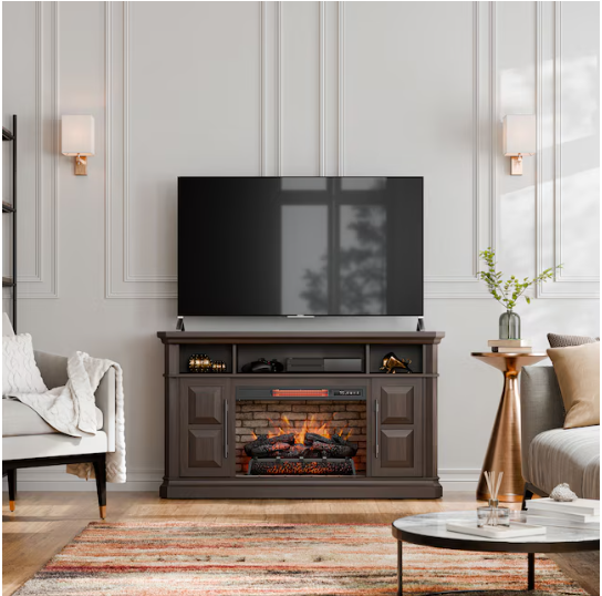 Allen + Roth 58-in W Dark Brown Oak Free standing  Infrared Quartz Flat Wall Electric Fireplace with Remote  Control Included