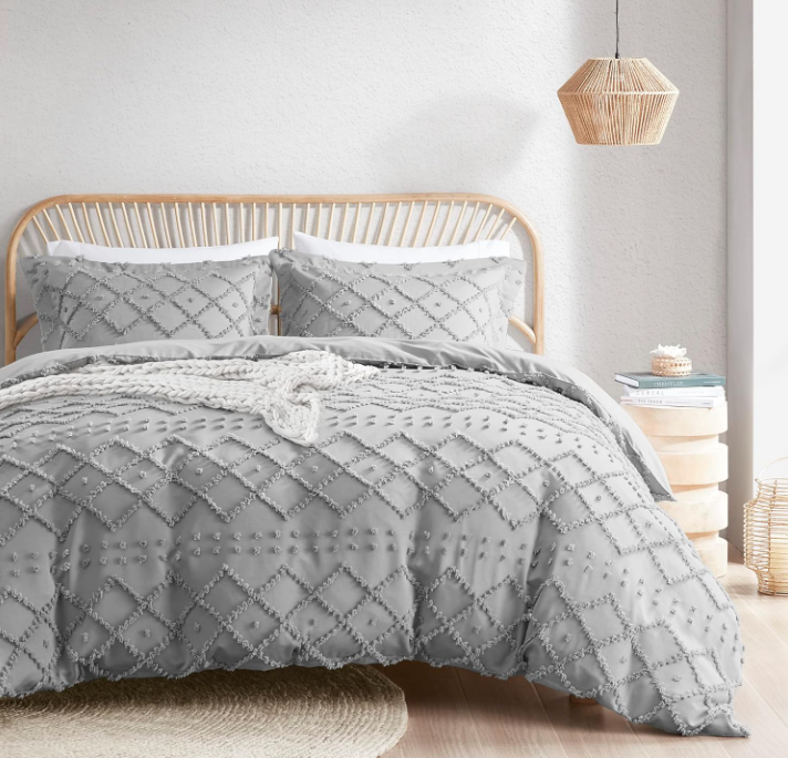 Codi Twyla Tufted Boho Duvet Cover King Sizes, Grey Microfiber Bedding Set