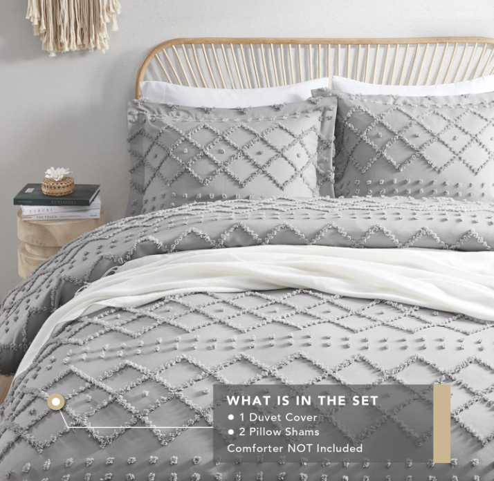 Codi Twyla Tufted Boho Duvet Cover King Sizes, Grey Microfiber Bedding Set