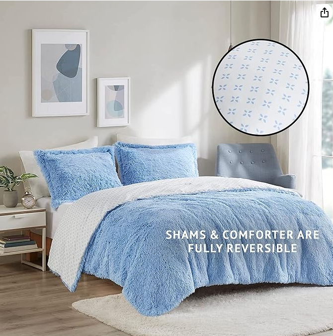 Intelligent Design Leena Shaggy Long Fur Comforter Mini Set - Aqua - Full/Queen