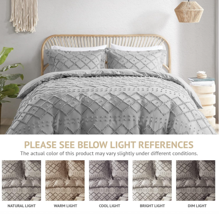 Codi Twyla Tufted Boho Duvet Cover King Sizes, Grey Microfiber Bedding Set