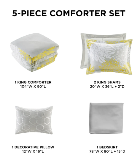 Comfort Spaces King Size Comforter Set, 5-Piece Floral Bedding Set