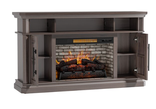 Allen + Roth 58-in W Dark Brown Oak Free standing  Infrared Quartz Flat Wall Electric Fireplace with Remote  Control Included