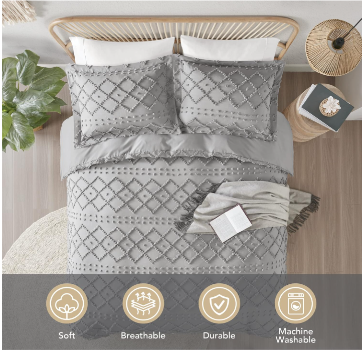 Codi Twyla Tufted Boho Duvet Cover King Sizes, Grey Microfiber Bedding Set