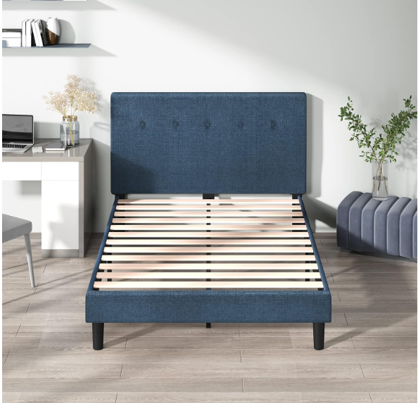 Zinus Omkaram Upholstered Navy Platform Bed, Queen