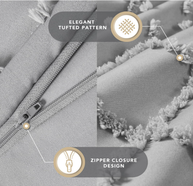 Codi Twyla Tufted Boho Duvet Cover King Sizes, Grey Microfiber Bedding Set