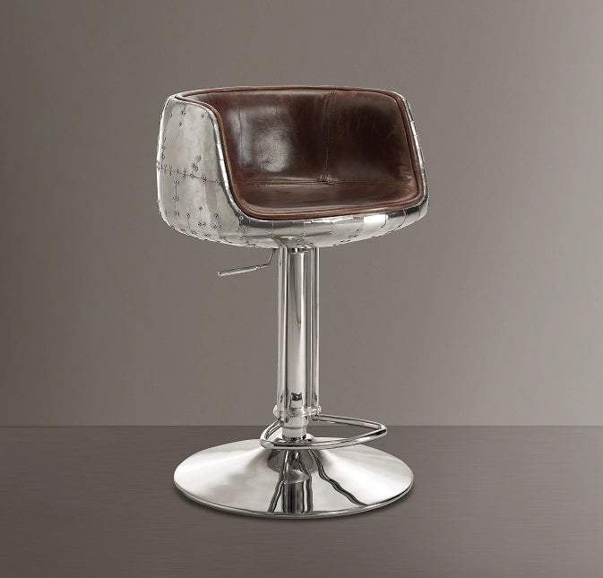 Brancaster Vintage Brown Top Grain Leather & Aluminum Adjustable Stool (1Pc)