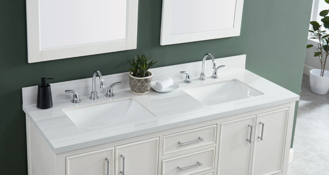 Dolomiti Bianco 61" x 22" White Sintered Stone Undermount Double Sink 3-Hole Bathroom Vanity Top