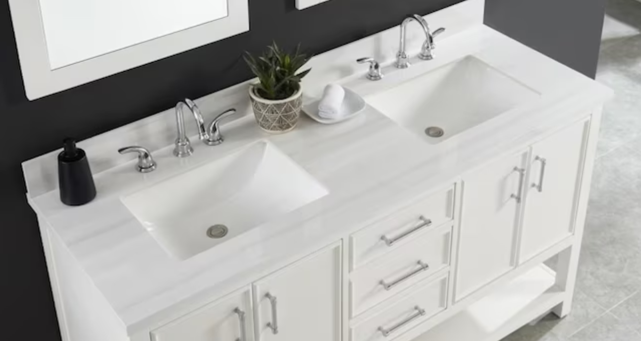 Dolomiti Bianco 61" x 22" White Sintered Stone Undermount Double Sink 3-Hole Bathroom Vanity Top