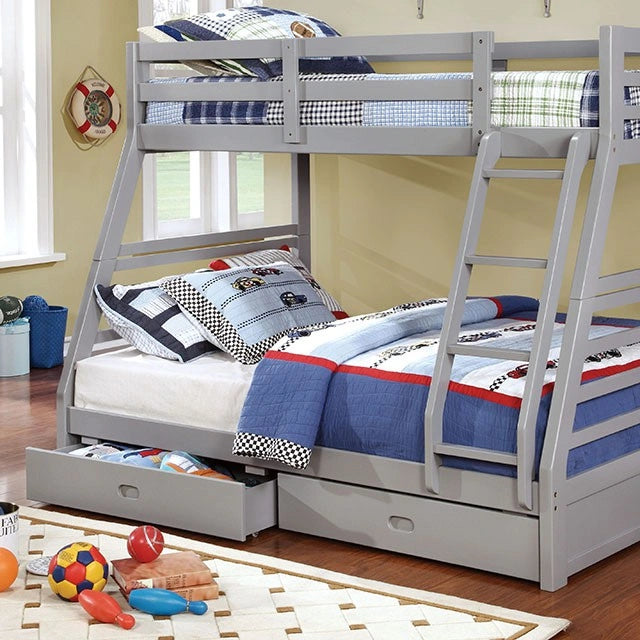 California II Cherry Twin/Full Bunk Bed w/ 2 Drawers Cherry, Walnut, Grey, &Oak