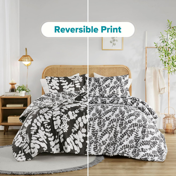 Aria Full/Queen Black 3 Piece Reversible Floral  Comforter Set